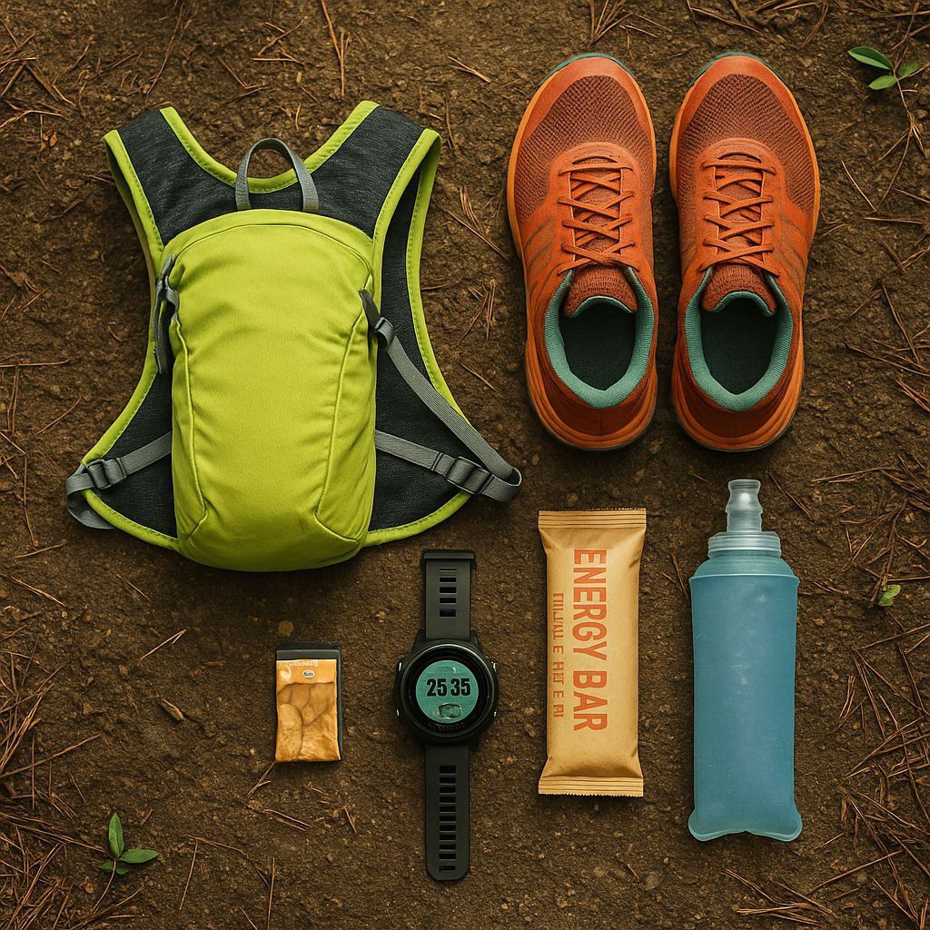 beginner trail running gear (shoes, hydration pack, GPS watch, snacks) arranged on forest ground