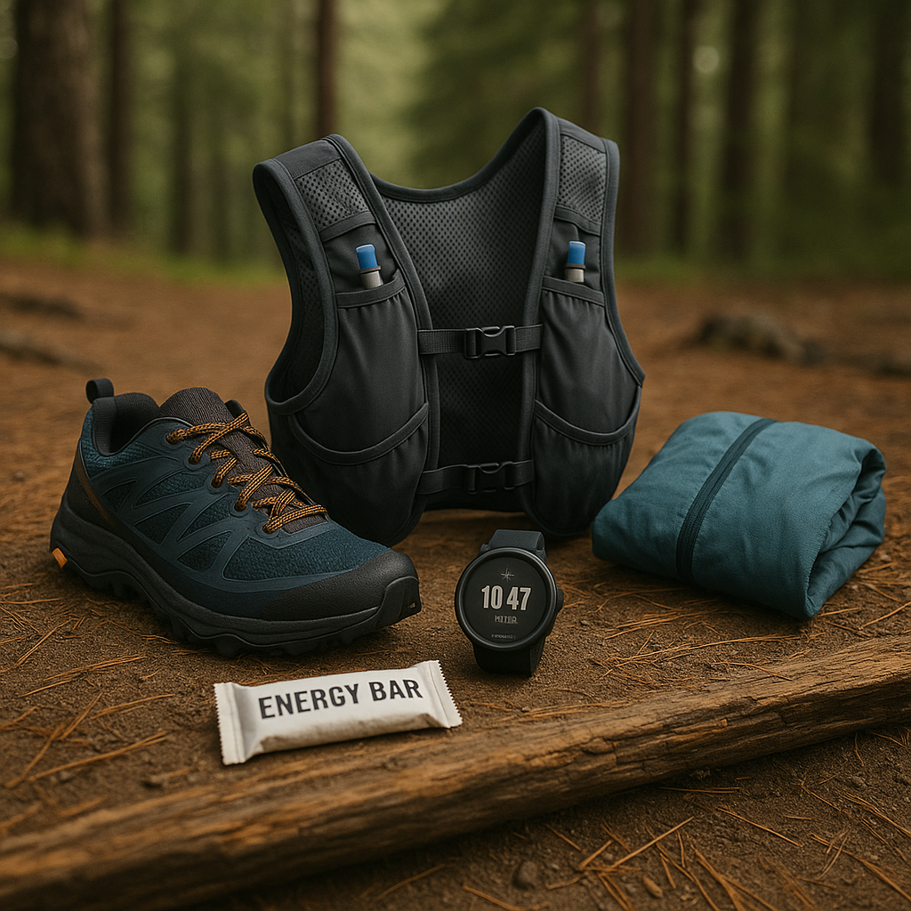 essential beginner trail running gear arranged neatly on a rustic wooden surface or dirt ground with pine needles