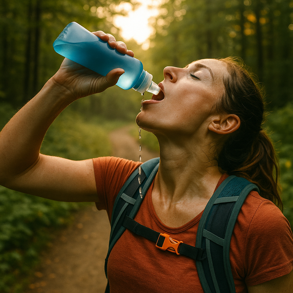 a runner's hand holding a hydration bottle on a forest trail as she squeezes it for water to fall into her mouth