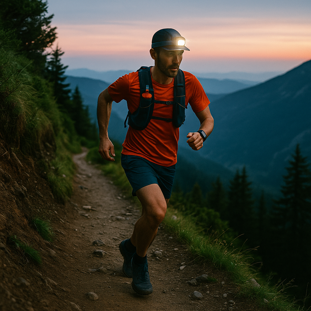 a Trail runner with headlamp running at dawn on a mountain path, natural lighting, safety gear visible