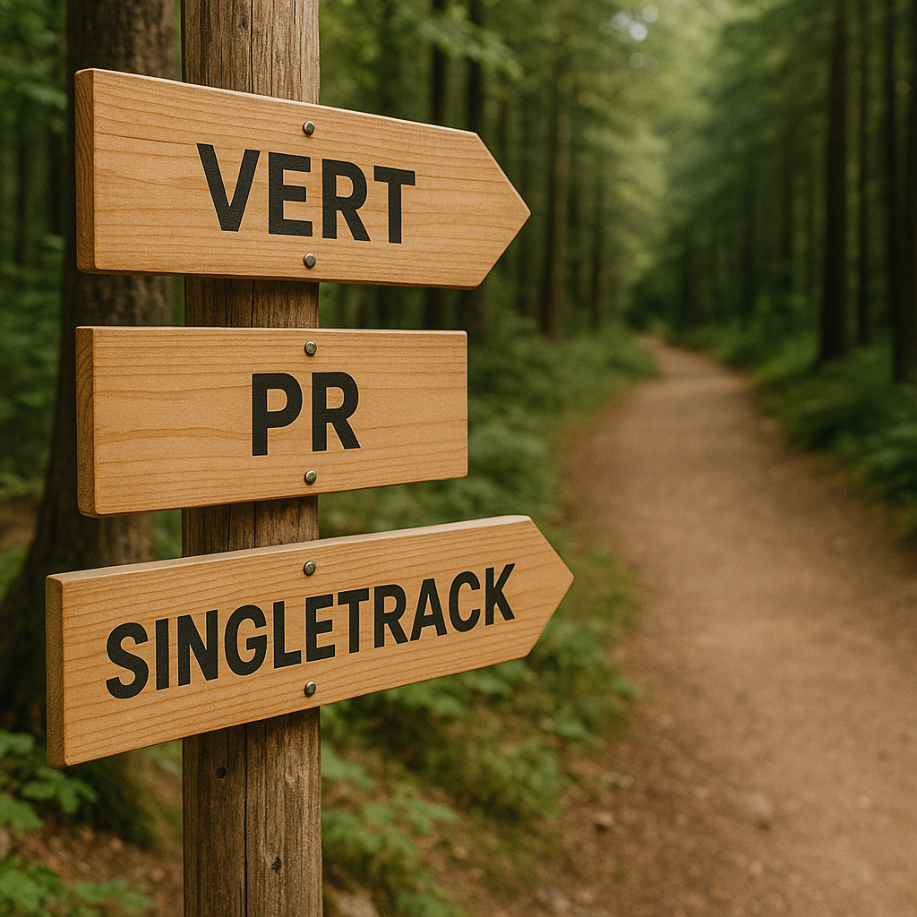 wooden trail signs with words like 'vert', 'PR', 'singletrack', surrounded by forest trail