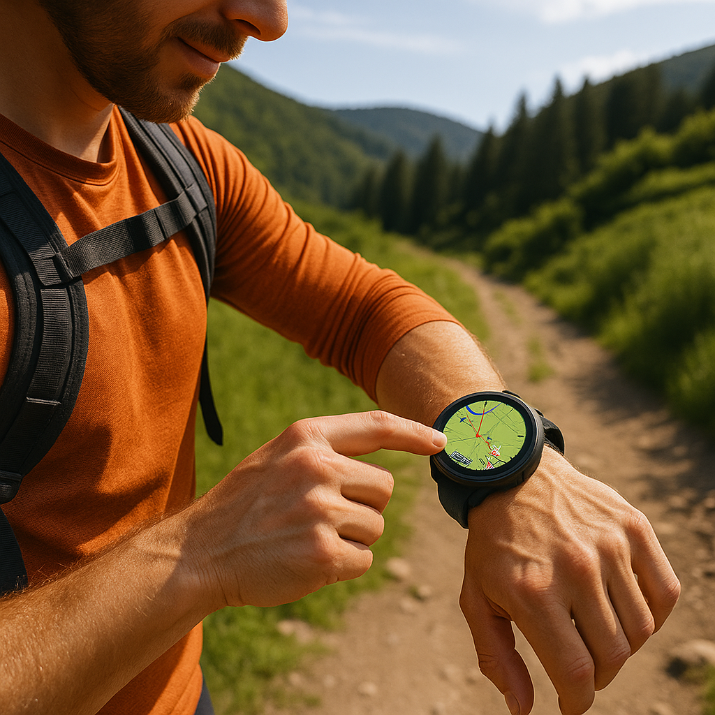 Runner checking smartwatch GPS on trail with visible terrain map, surrounded by forest or hills, clear sky