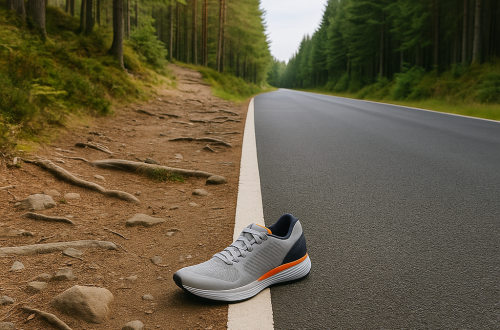 A split landscape showing a rugged forest trail on one side and a smooth asphalt road on the other, divided by a single running shoe placed on the dividing line