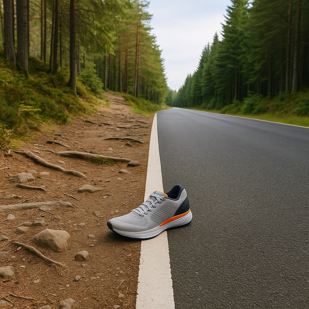 A split landscape showing a rugged forest trail on one side and a smooth asphalt road on the other, divided by a single running shoe placed on the dividing line