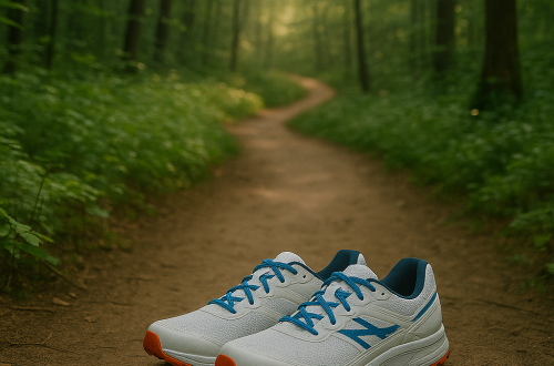 A single winding dirt trail cutting through a lush green forest, with a pair of clean trail running shoes placed neatly on the path, symbolizing a fresh start