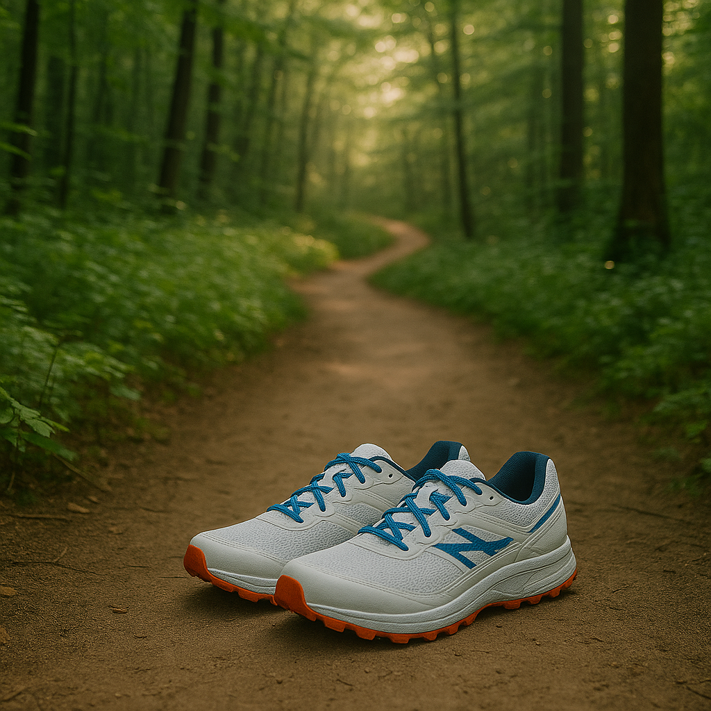 A single winding dirt trail cutting through a lush green forest, with a pair of clean trail running shoes placed neatly on the path, symbolizing a fresh start