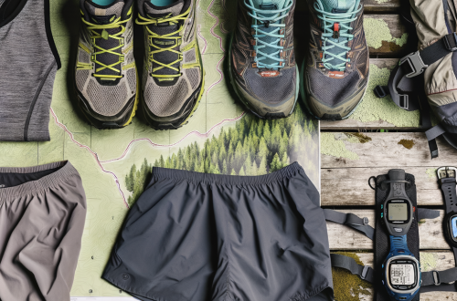 essential trail running gear arranged neatly on a rustic wooden surface