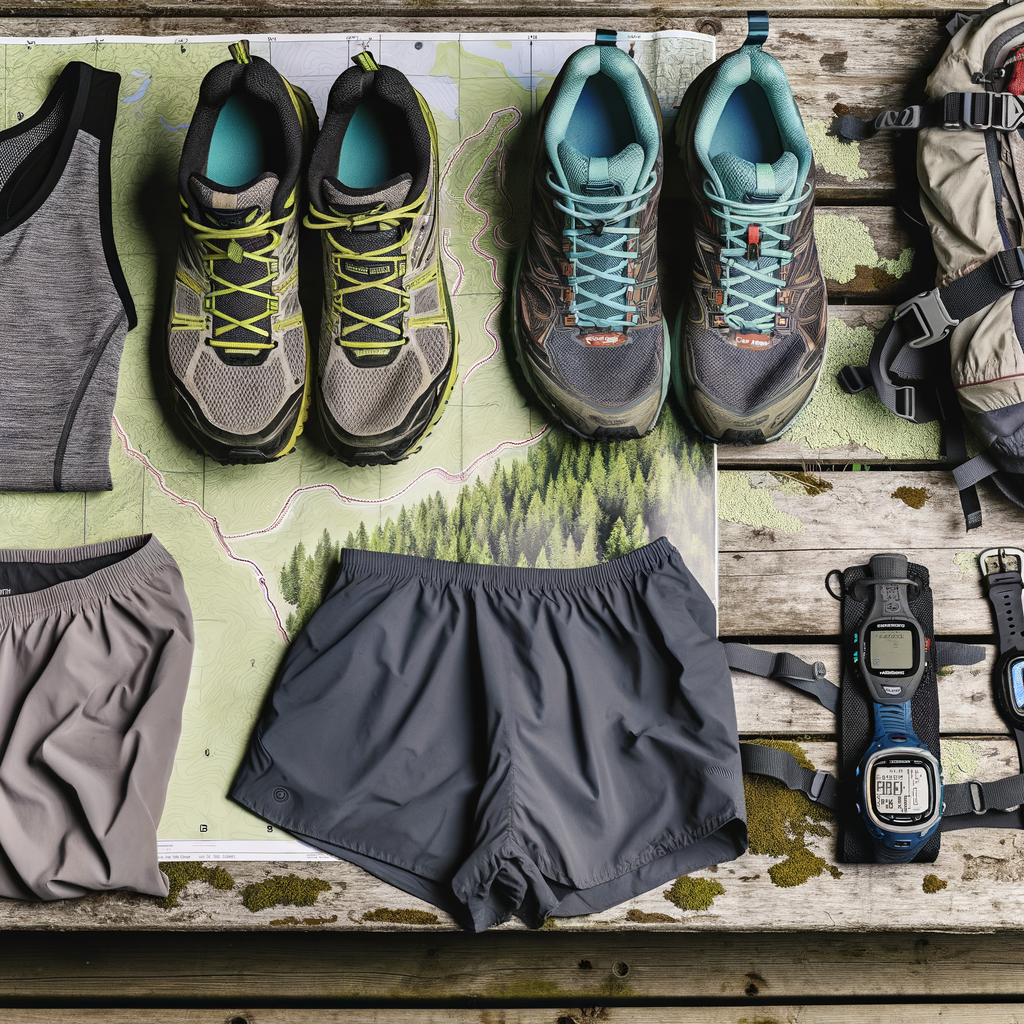 essential trail running gear arranged neatly on a rustic wooden surface
