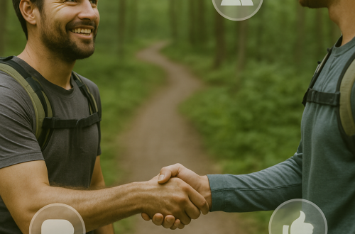 Two trail runners shake hands on a forest path with social icons floating around them, symbolizing how to connect with trail runners.