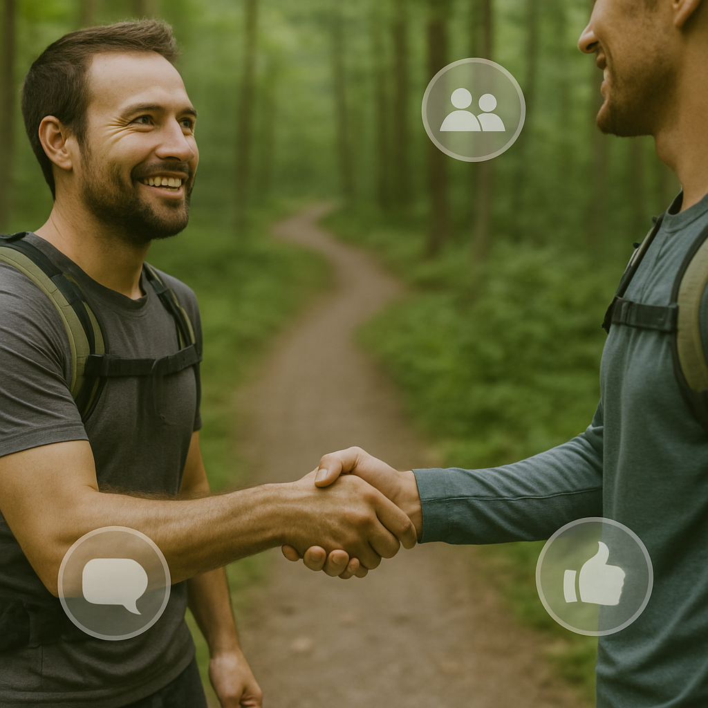 Two trail runners shake hands on a forest path with social icons floating around them, symbolizing how to connect with trail runners.